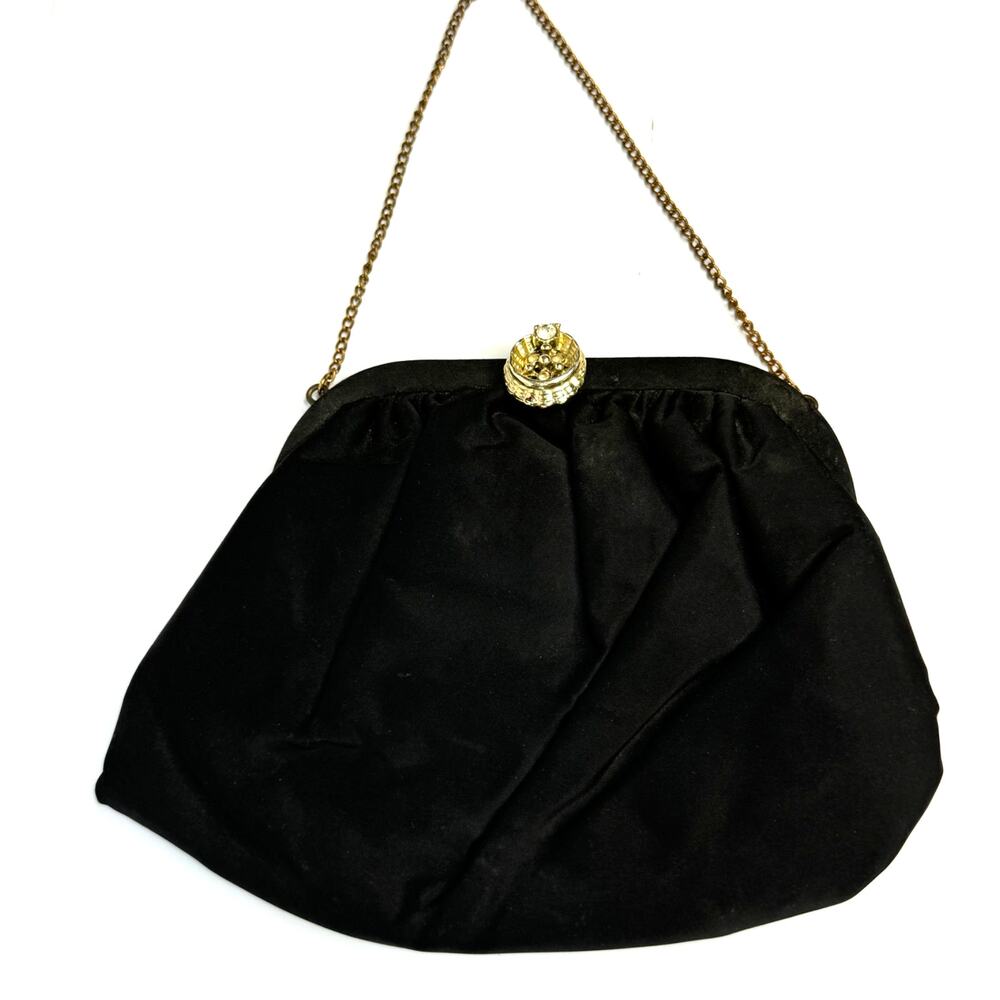 Vintage 20's Style Black Evening Bag w/Jeweled Enclosure & Metal Chain Strap